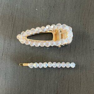 Clear Facet Bead Gold Metal 2.25" + 2" Bobby Pin Alligator Hair Clip 2 Piece Set